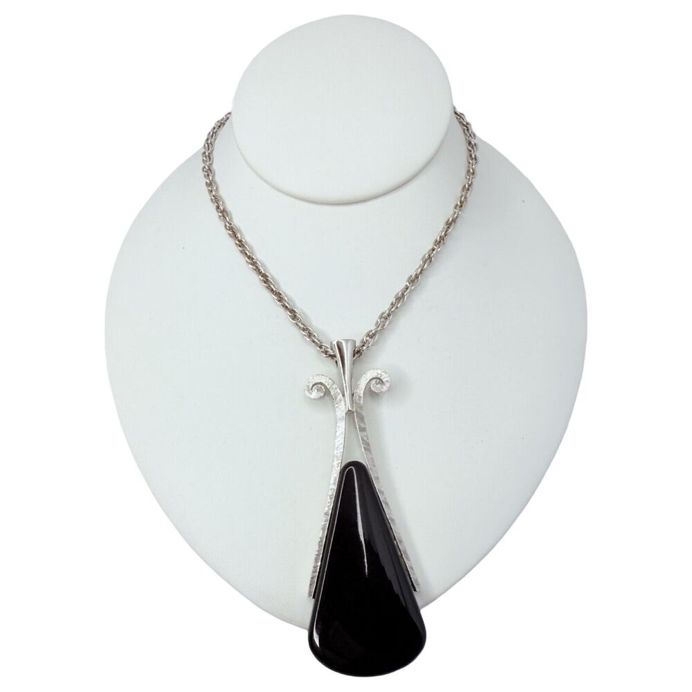 VTG Avon Black Teardrop Large Pendant Silver Necklace Bold Runway Regencycore